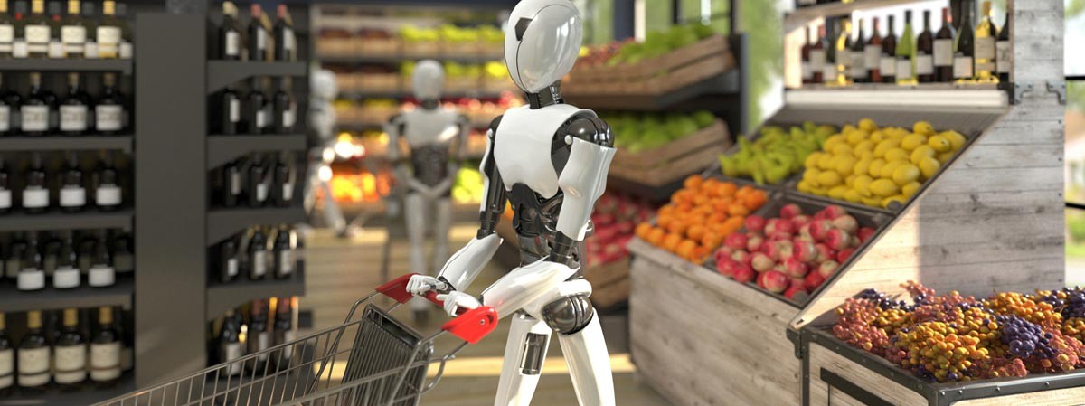 Robot pushing shopping cart in grocery store
